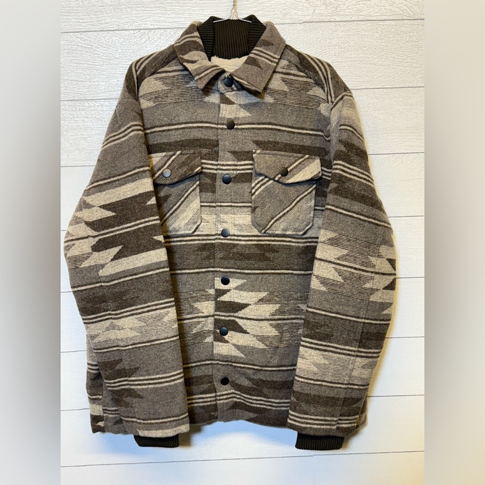 Jachs Men's Geometric Pattern Brown Sherpa Lined Wool Blend Jacket Large NWT